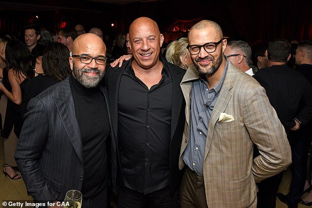From left to right, Jeffrey Wright, Vin Diesel and Cord Jefferson attend the CAA's pre-Oscar party