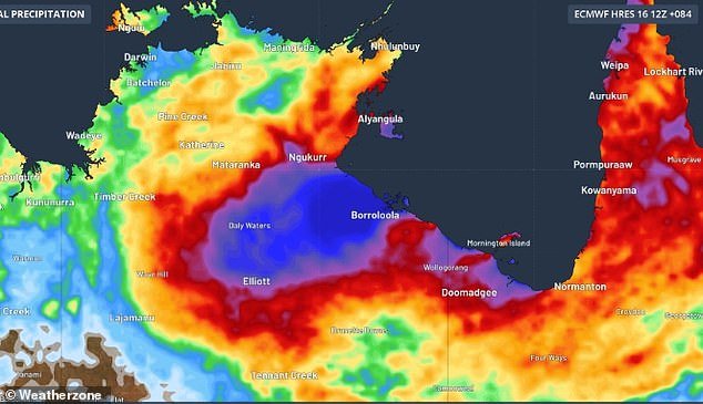 The photo shows forecast rainfall for Wednesday as Cyclone Megan wreaks havoc