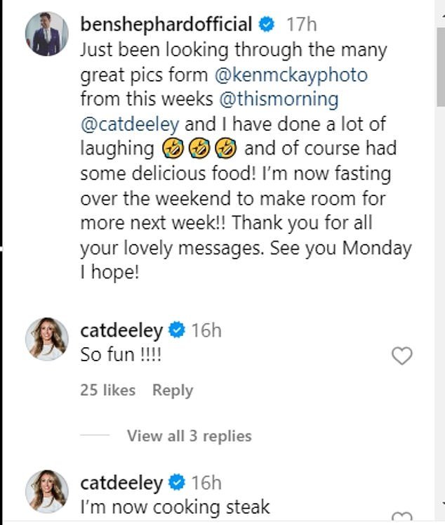Ben shared a sweet tribute to Cat and his first week as part of the This Morning family with a post on Saturday, in which he admitted he was trying to stay healthy after a week of eating on the popular morning show