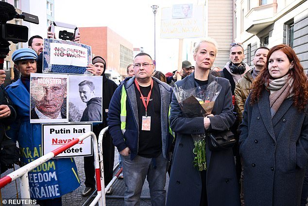 Yulia Navalnaya, the widow of Alexei Navalny, the Russian opposition leader who died in a prison camp, stands in line outside the Russian Embassy in Berlin, Germany