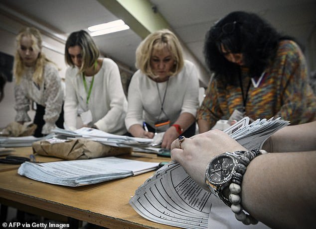 Members of a local election committee count ballots at a polling station after the last day of the three-day Russian presidential election in Moscow