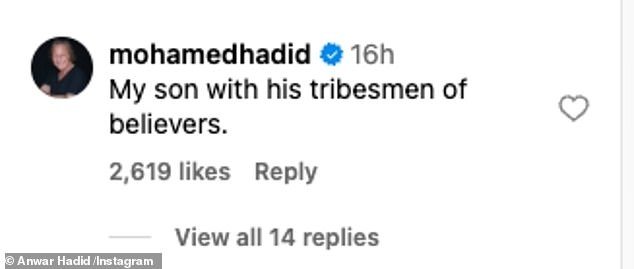 His father Mohamed Hadid, 75 – a Palestinian Muslim – proudly commented on his son's post, writing: 'My son with his tribe of believers'