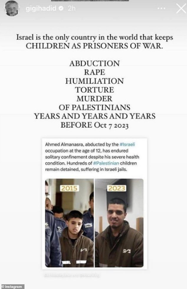 Not long ago, Gigi sparked outrage with her Instagram Story falsely portraying Palestinian terrorist Ahmed Manasra as a 