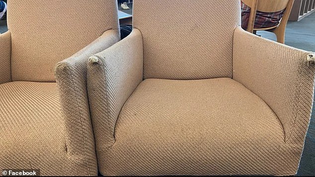Another disgruntled high flyer shared photos of 'absolutely disgusting' frayed and stained chairs at the Sydney International Business Lounge (pictured)