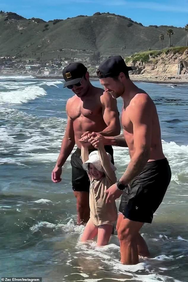 Taking their younger sister Olivia, four, to the beach, the 36-year-old High School Musical star and brother Dylan, 32, were every bit the doting older siblings as they swung her around in their arms in the ocean.