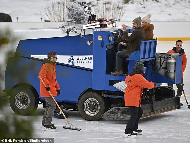 Cameras were mounted on top of the Zamboni as the two appeared to maneuver the machine on the ice