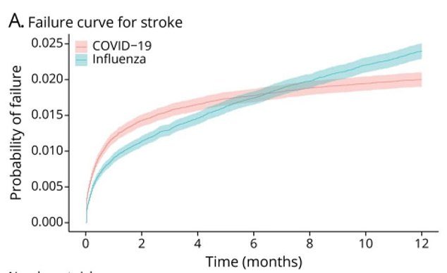 The graph above shows the risk of someone having a stroke over time after being admitted to hospital for a Covid infection (pink line) or a flu infection (blue line).