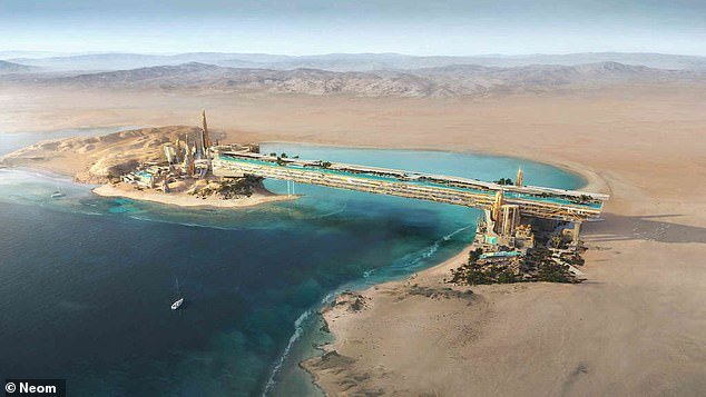 The complex looks like something from the future and extends over a desert lagoon