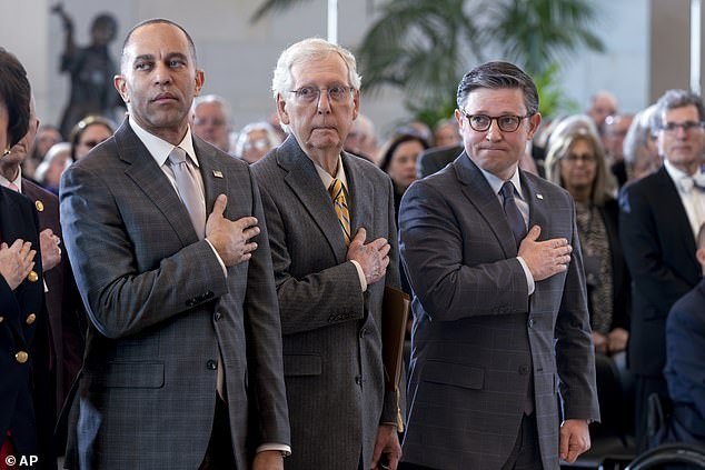House Minority Leader Hakeem Jeffries, D-N.Y., from left, Senate Minority Leader Mitch McConnell, R-Ky., and House Speaker Mike Johnson, R-La., all attended the event