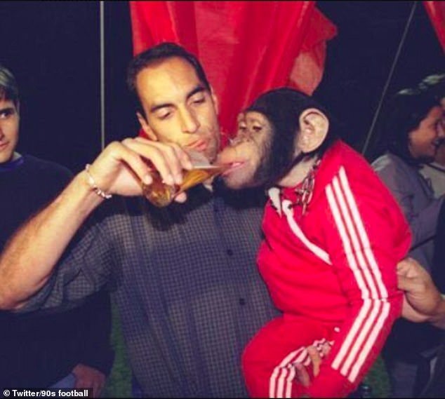 Edmundo shares his beer with chimpanzee Pedrinho during his son's first birthday party
