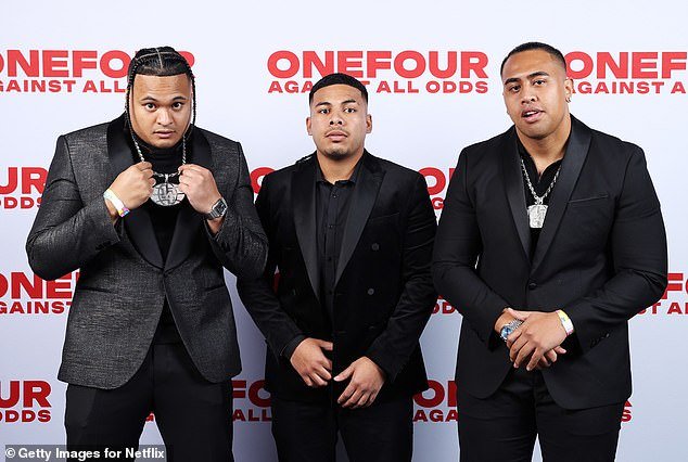 Members of OneFour are pictured at the premiere of their Netflix documentary.  Spenny, left, Celly, center and J Emz, right.  Misa was not at the launch as he was in custody following the wild brawl in Sydney's northwestern suburb of South Windsor in September