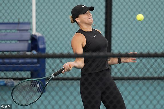 Aryna Sabalenka, of Belarus, hits a practice court during the Miami Open tennis tournament, Thursday, March 21, 2024, in Miami Gardens, Florida.  (AP Photo/Rebecca Blackwell)