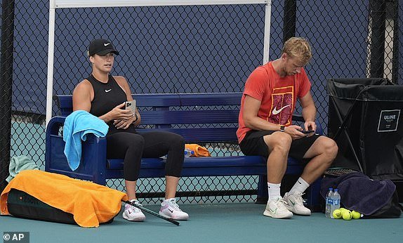 Aryna Sabalenka, of Belarus, takes a break during a practice session at the Miami Open tennis tournament, Thursday, March 21, 2024, in Miami Gardens, Florida.  (AP Photo/Rebecca Blackwell)