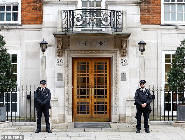 The London Clinic, where the Princess of Wales was treated after abdominal surgery, first opened in 1932. Above: Police outside the hospital during Kate's stay
