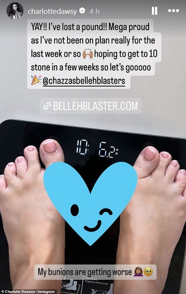 In her Instagram Story, Charlotte let her fans know that it was weigh-in day and she was happy to discover that she had lost another pound