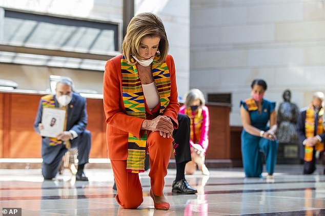 House Speaker Nancy Pelosi and other members of Congress kneel and observe a moment of silence, reading the names of George Floyd and others killed by police