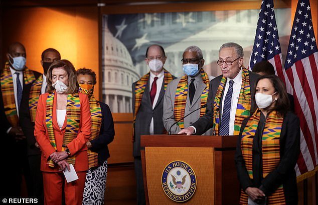 Senate Minority Leader Chuck Schumer stands with House Speaker Nancy Pelosi, Senator Kamala Harris and fellow Democrats in Congress unveil legislation to combat police brutality and racial injustice after weeks of protests over the death of George Floyd