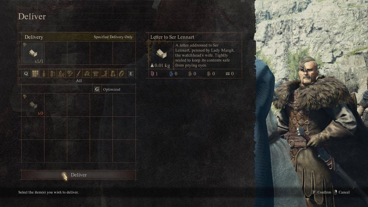 A Dragon's Dogma 2 character delivers a letter to Lennart in Melve for the walkthrough of the “Oxcart Courier” mission.