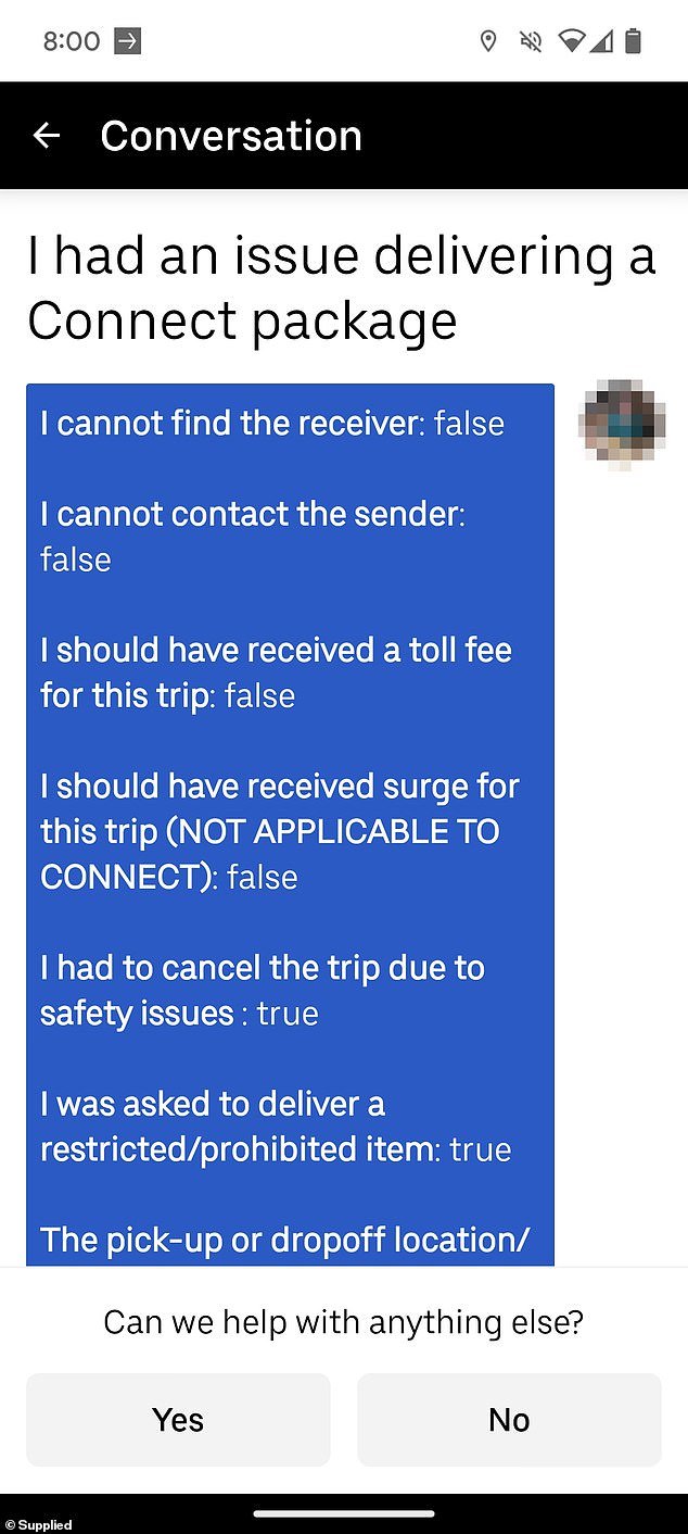 Emma filled out a form to explain why she couldn't deliver the package, but received no response from Uber