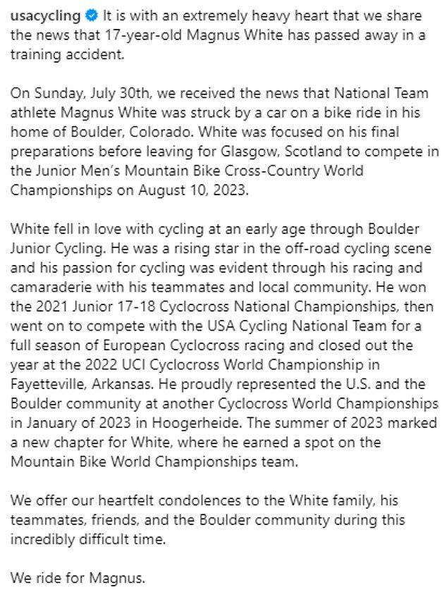 USA Cycling released a statement on Sunday announcing the heartbreaking news of his death days before he was due to compete in Scotland