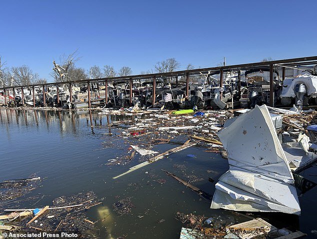 Damaged docks after severe weather on Orchard Island in Russells Point, Ohio, on Saturday, March 16, 2024