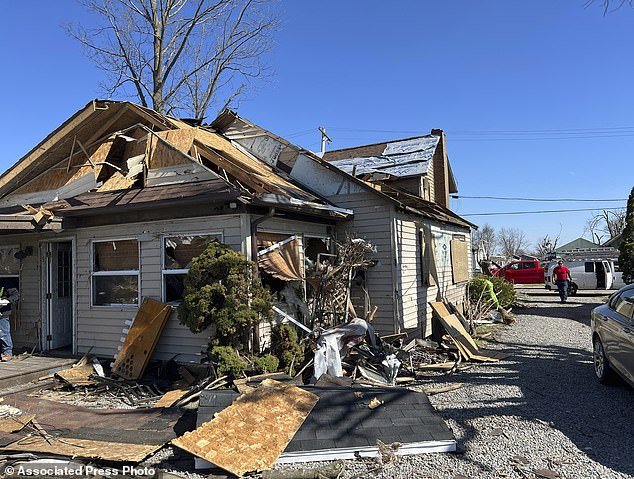 Joe Baker's damaged home in Valleyview, Ohio, on Saturday, March 16, 2024