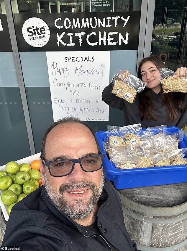 He and his staff prepare between 50 and 80 meals every Monday, available without judgment outside his restaurant in Little Bay, for anyone struggling with the cost of living (pictured, Mr Mezei and his eldest daughter Jade)