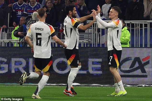 Wirtz imagined celebrating his team's first goal with teammates during the international friendly between France and Germany at Groupama Stadium