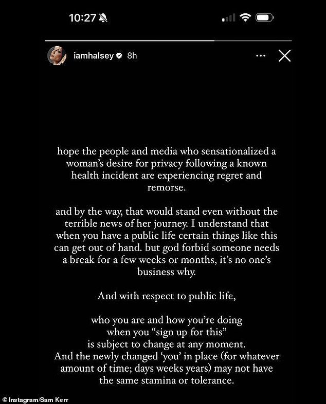 The Australian star took to Instagram to share comments from American musician Halsey
