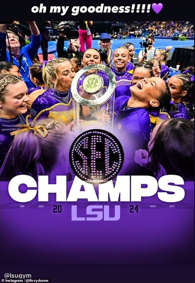 'Oh dear!!!!'  Dunne captioned LSU's Instagram post on her story as she appeared to kiss the SEC Championship trophy