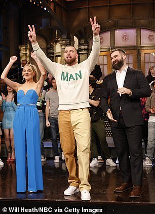 Travis Kelce, Kelsea Ballerini, episode 1840 -- Pictured: (l-r) Musical guest Kelsea Ballerini, host Travis Kelce and special guest Jason Kelce during the Goodnights & Credits