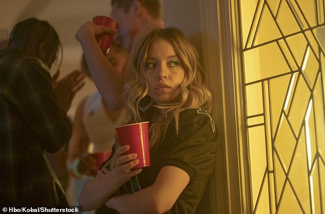 Sweeney plays Cassie Howard in the hit series that also stars Zendaya, Hunter Schafer, Jacob Elordi and Maude Apatow;  seen in a still from Euphoria