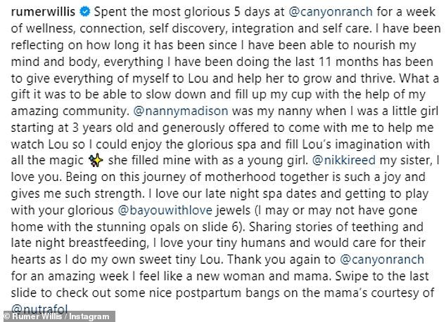 She wrote a long caption about her relaxing getaway with her good friend, her nanny and her daughter Louetta at Canyon Ranch