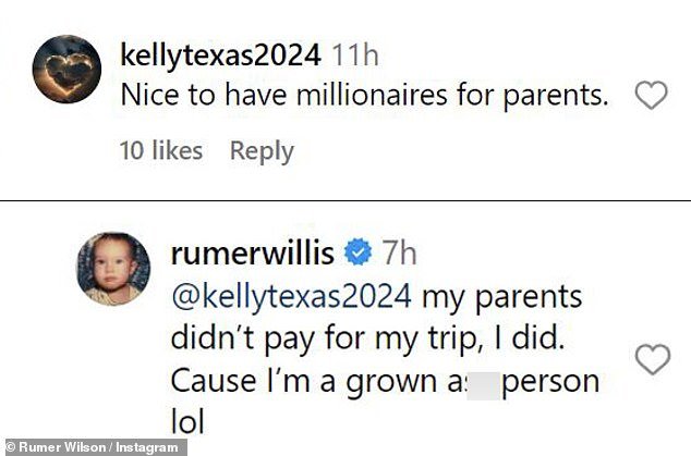 In the comments section, Willis defended herself against a social media user who told her about her famous parents, Bruce Willis and Demi Moore.