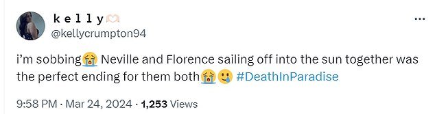 Viewers decided it was the perfect ending for the two characters, with one tweeting: 'Me sobbing Neville and Florence sailing into the sun together was the perfect ending'