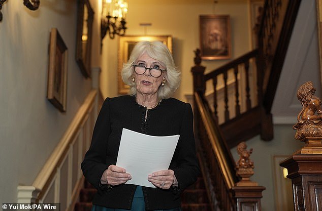 Queen Camilla during a reception to celebrate the findings of a new study commissioned by The Queen's Reading Room