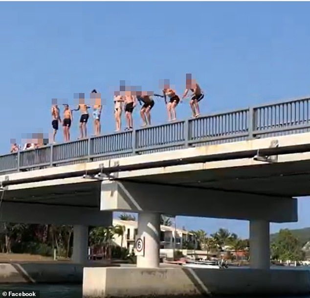 The tragic death follows several police warnings against jumping from the Noosa Sound Bridge (file image of people jumping from the bridge)