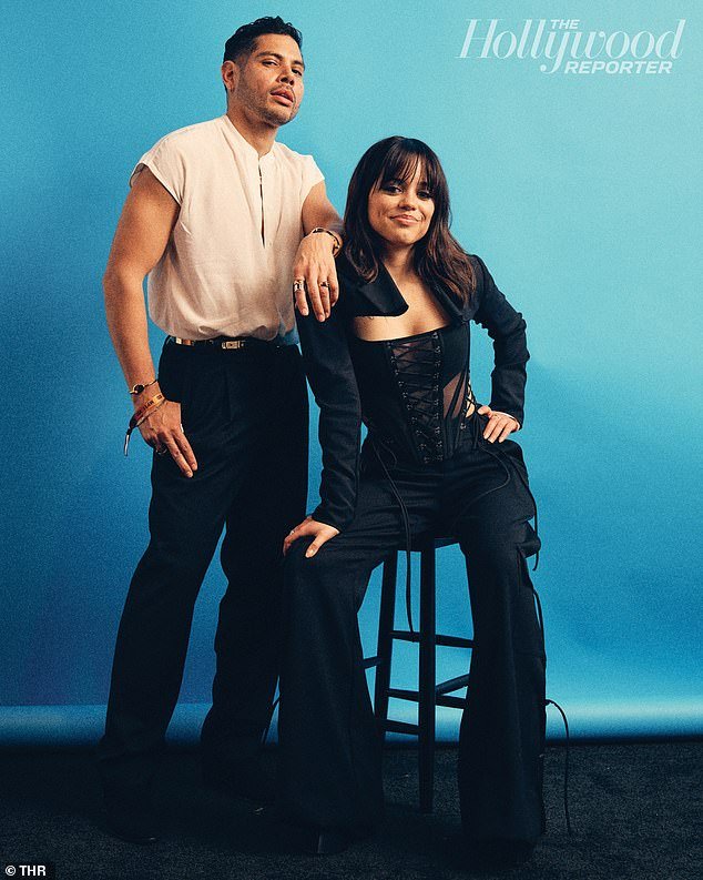 Jenna Ortega wore a sheer black corset top and pants – both from Monse – as she posed with her stylist Enrique Melendez