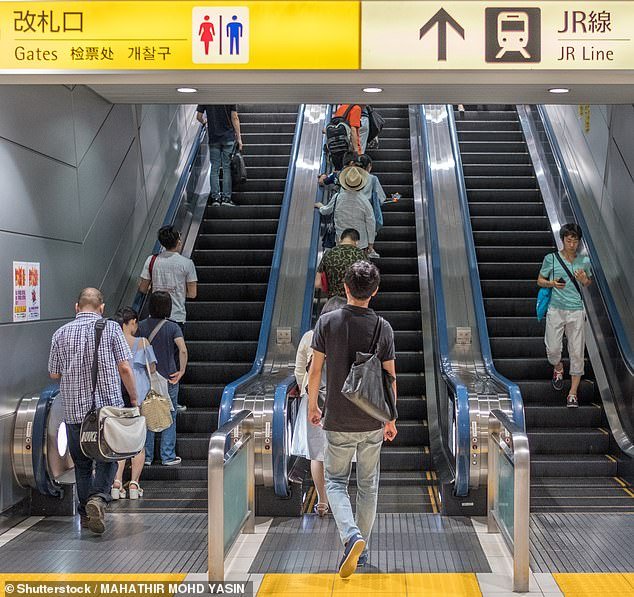 Mamoru Suzuki, 72, collapsed at JR Mito Station, in the city of Mito in eastern Japan, after the back of his suit jacket became entangled in an escalator connecting the station platform to the ticket gate (file image of escalators in Tokyo )