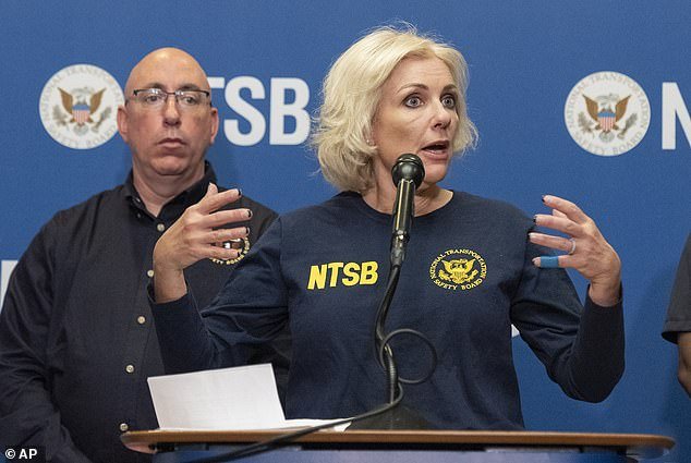 NTSB Chairman Jennifer Homendy addresses a press conference on Wednesday, together with lead investigator Marcel Muise (left)
