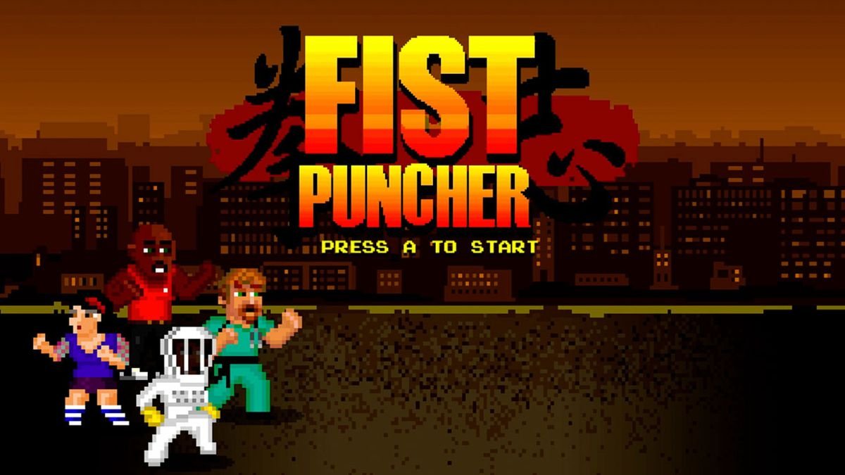 Fist Puncher's home menu.  Four characters are ready to fight for a cityscape.