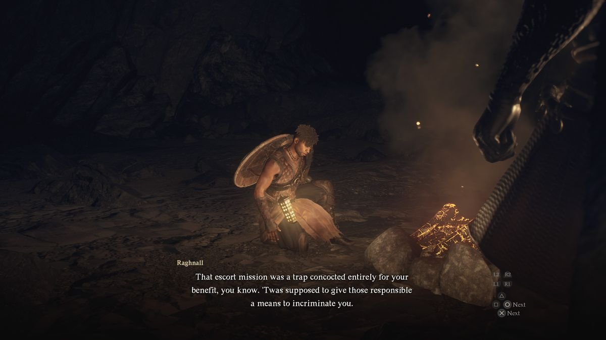 Dragon's Dogma 2 Raghnall at a campfire explaining the plot against the Arisen