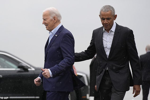 Obama (right) led Biden (left) to the presidential limousine as the duo of Democratic presidents arrived at New York's John F. Kennedy International Airport.  They will be joined by former President Bill Clinton