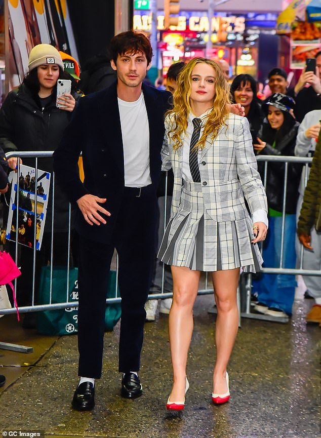 The Kissing Booth star, 24, was joined by her co-star Logan Lerman, 32. The star of Percy Jackson and The Lightning Thief looked like a 1950s heartthrob in a black suit with a white t-shirt, white socks and black loafers.