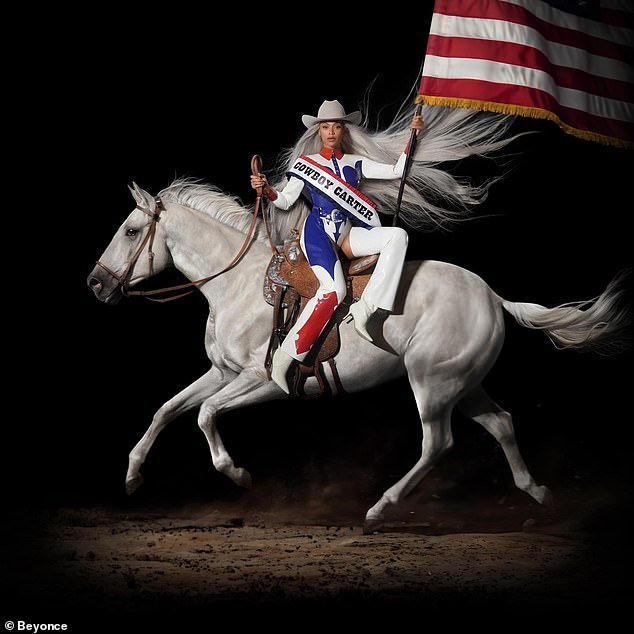 Her album Cowboy Carter will be released tomorrow and on the cover she is depicted in red, white and blue leather chaps on a horse