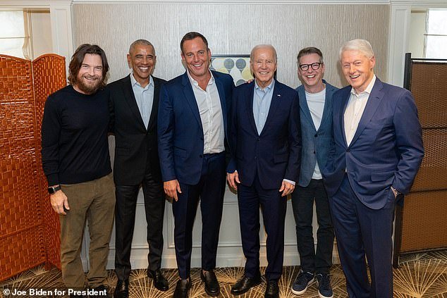 Comedians Jason Bateman (left), Will Arnett (third from left) and Sean Hayes (second from right) recorded an interview from their SmartLess podcast on Thursday with President Joe Biden (third from right), former President Barack Obama (second from left ) and Bill Clinton (right)