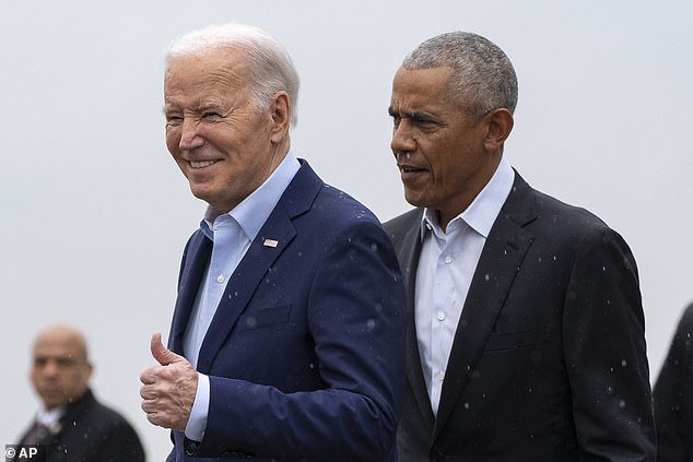 President Joe Biden (left) arrives in New York City on Thursday with former President Barack Obama (right) in tow.  The two will be joined by former President Bill Clinton for a podcast interview with three Hollywood comedians - in lieu of a traditional broadcast or print Q&A