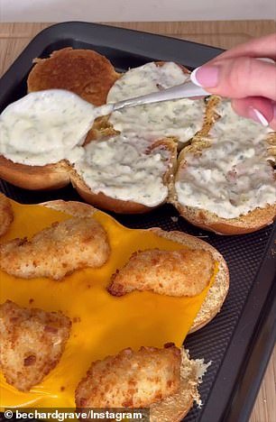 Bec finishes her burgers and adds a fish bite to each bun and a 15 gram dollop of her tartar sauce
