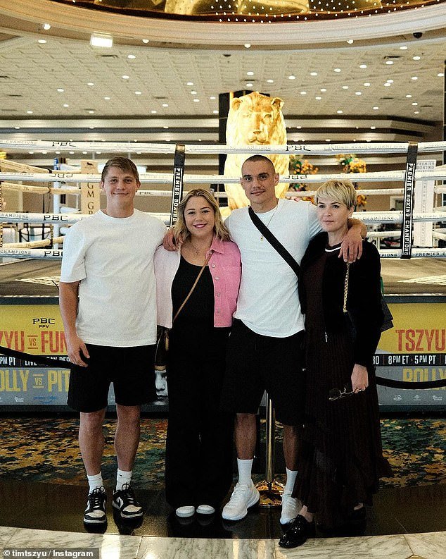 The Tszyu family is pictured from right to left in Las Vegas for the Fundora fight: mother Natalia, Tim, his sister Anastasia and brother Nikita