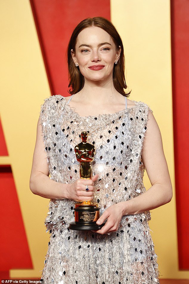 Emma Stone, 35, has said in the past that her first heartbreak - which she did not reveal names - left her 'crawling on the floor' and 'vomiting'.  Pictured in March